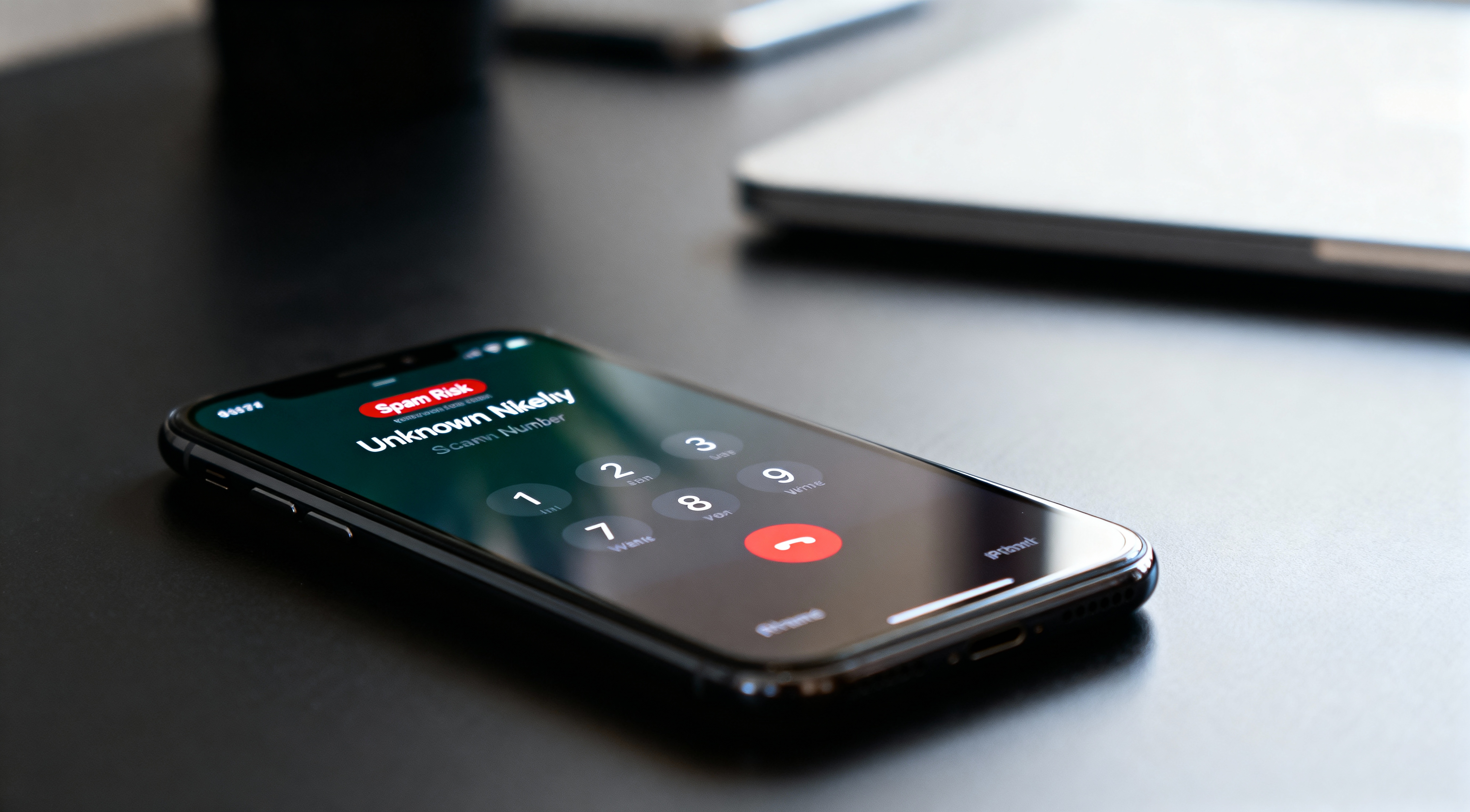 Smartphone screen displaying spam risk warning for incoming extended warranty robocall scam