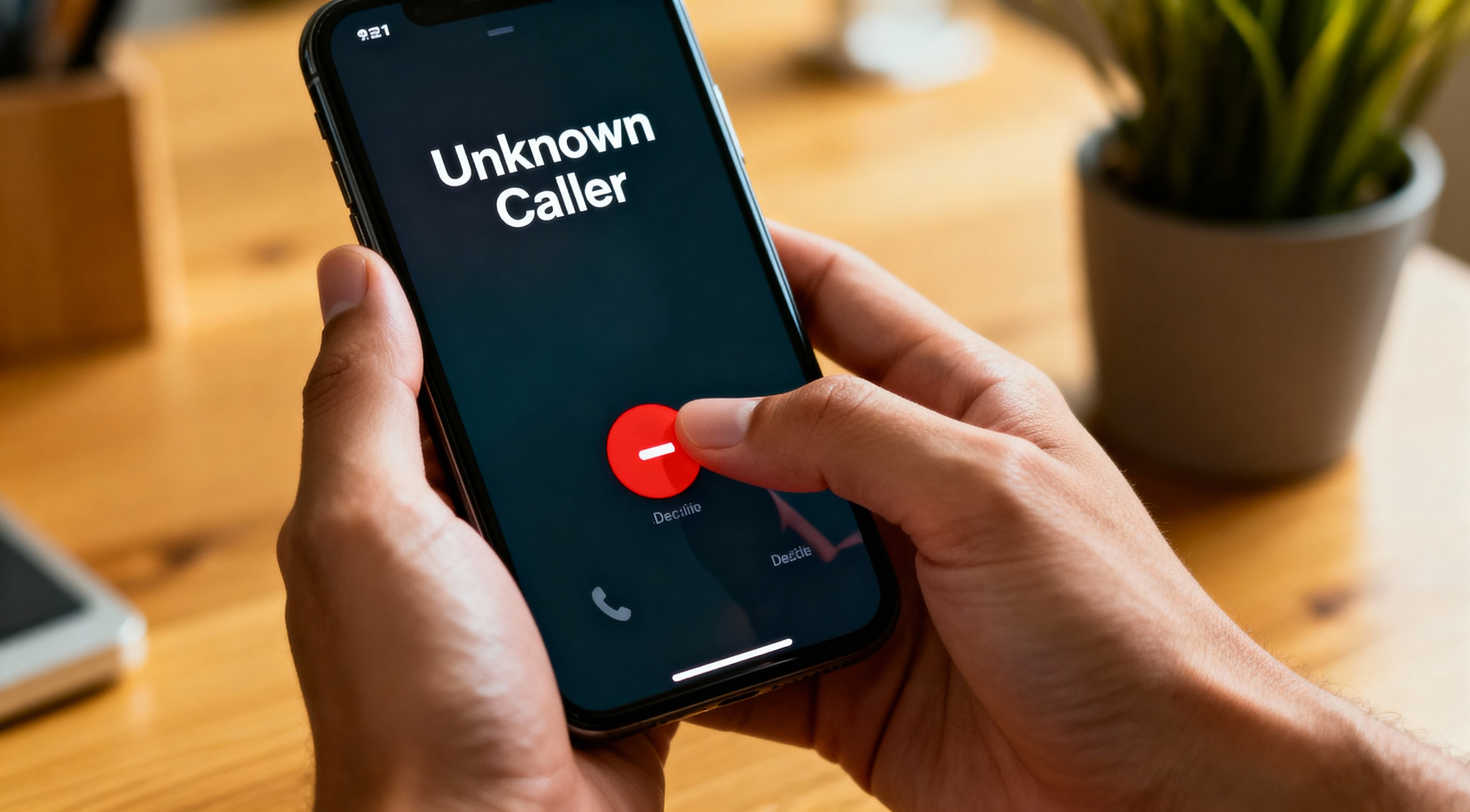 Person pressing decline button on phone to reject suspected extended warranty robocall scam